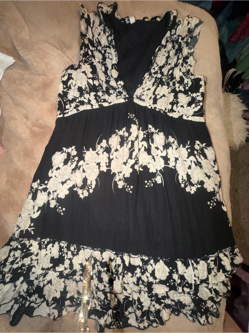 Free People Rose and Ruffles Black and Cream Floral Mini Dress